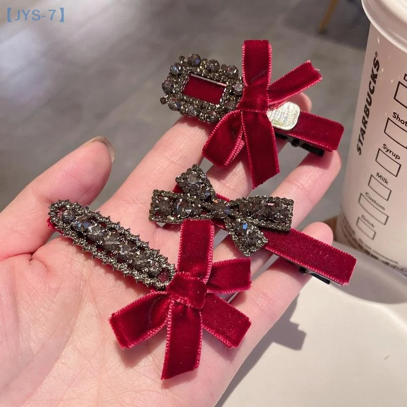 【JYS-7】2 قطعة الأحمر الأسود المخملية القوس حجر الراين مشبك شعر المرأة السنة الجديدة جو الرجعية منقار البط كليب موضة إكسسوارات الشعر #3