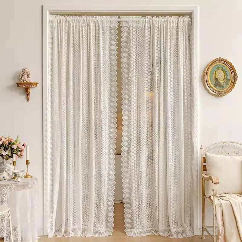 French Retro Lace Tulle Curtain For Bedroom Balcony American Pastoral White Lace Veil Sheer Panel Partition Door Drapes Custom