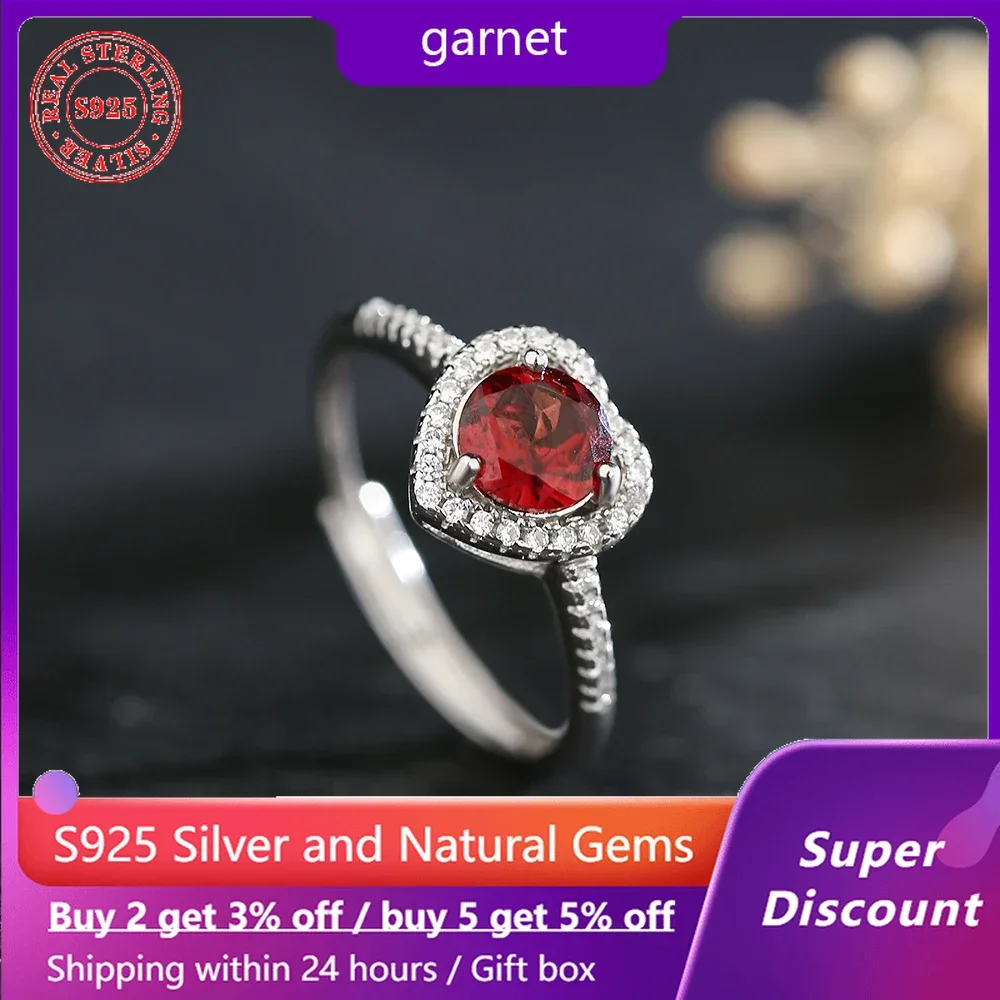 

S925 Sterling Silver Love Ring Paired with Natural Garnet Women's Ring Sweet and Romantic Wedding Jewelry Valentine's Day Gift