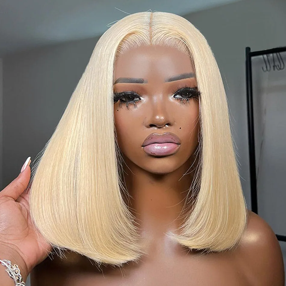 

Blonde Bob Wig Human Hair Pre Plucked with Baby Hair Straight 613 Bob Wig Human Hair 180 Density 13x4 HD Transparent Lace Wigs