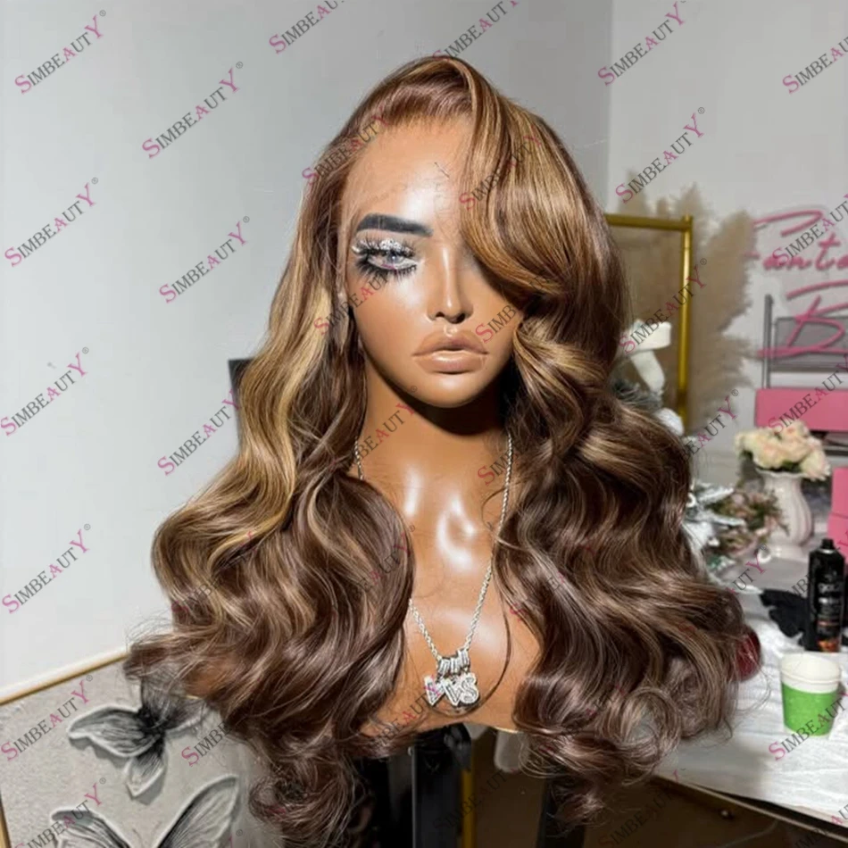 Body Wave Balayage Side Part Human Hair Glueless 5X5 HD Lace Closure Wig for Women Honey Blonde Brown Highlight Remy Hair Wigs