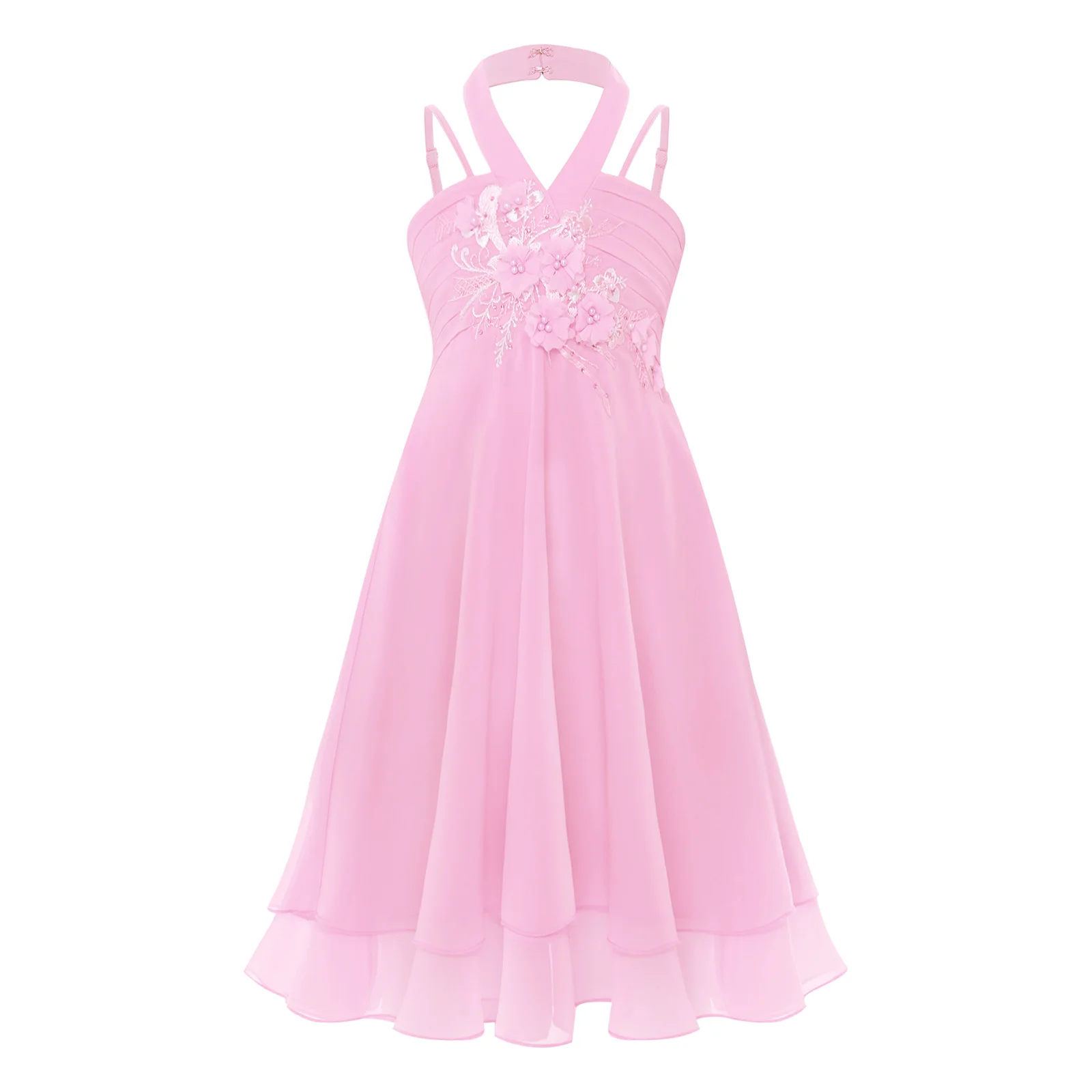 Kids Loral Embroidery Dresses for Girl Elegant Halter Wedding Birthday Party Gowns FChiffon Princess Dress Flower Girls Clothes