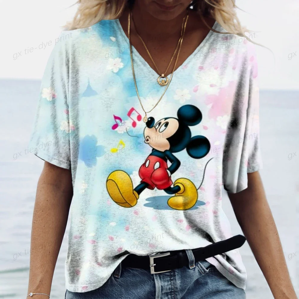 

Summer Casual Loose Women's Disney Mickey Mouse Painting T Shirt Graphic Print V Neck Top Fashion 3d Print Plus Size Clothing ﻿