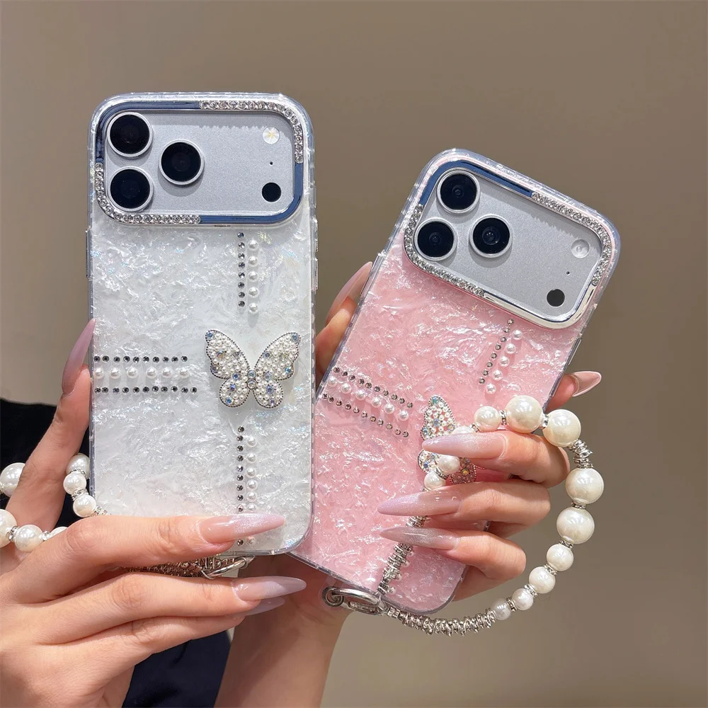 Glitter Rhinestone 3D Butterfly Shell Pattern Phone Case for 17 Pro Max Pearl Hand Strap Protective Cover for iPhone 16 15 14