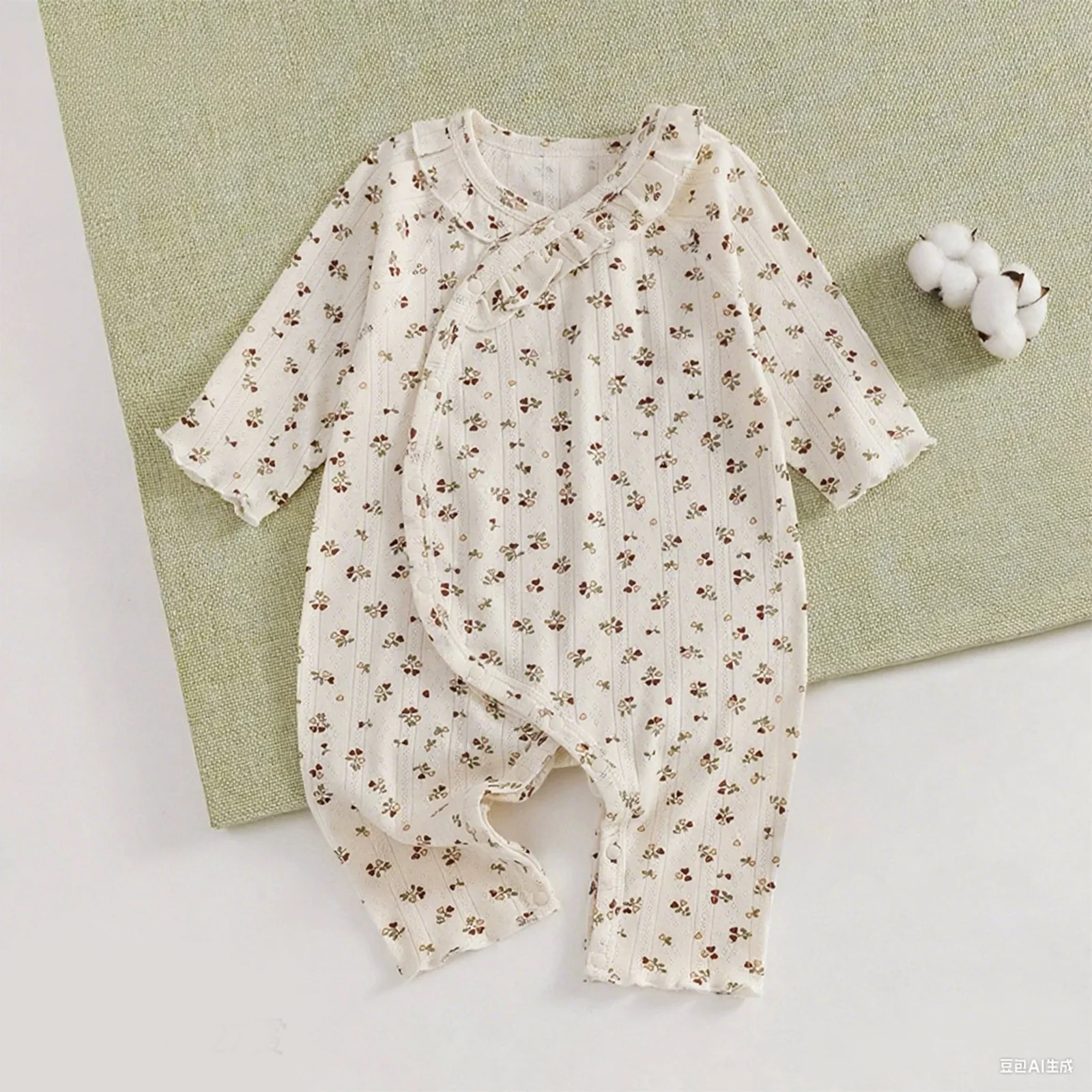 الوليد الطفل بنات القطن رومبير طويلة الأكمام الكشكشة الأزهار المطبوعة بذلة مع مريلة مكشكشة الرضع القادمة المنزل الزي Homewear #2