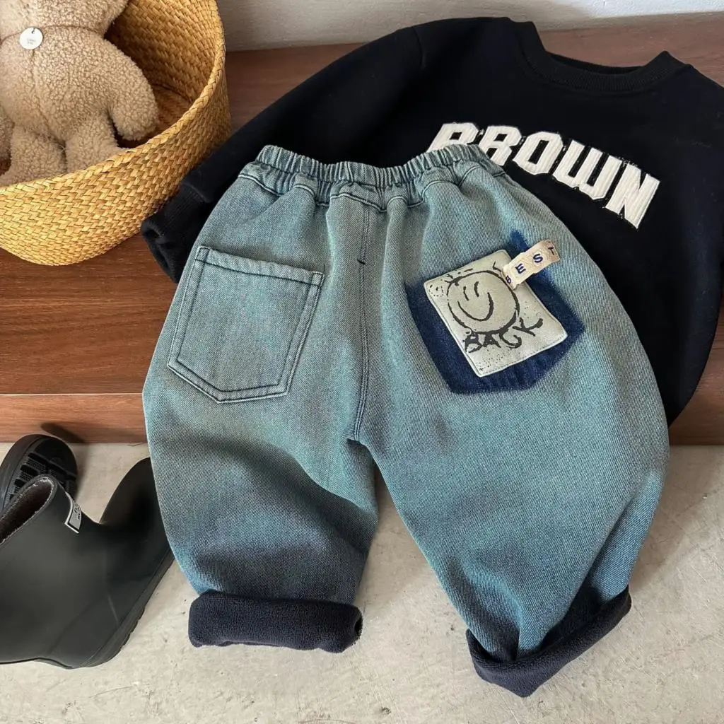 RAISE Spring Kids Boys Denim Pant Cotton Cartoon Smiling Toddler Boy Jeans Casual Gradient Children Boy Trousers 1-8T Boys Pants