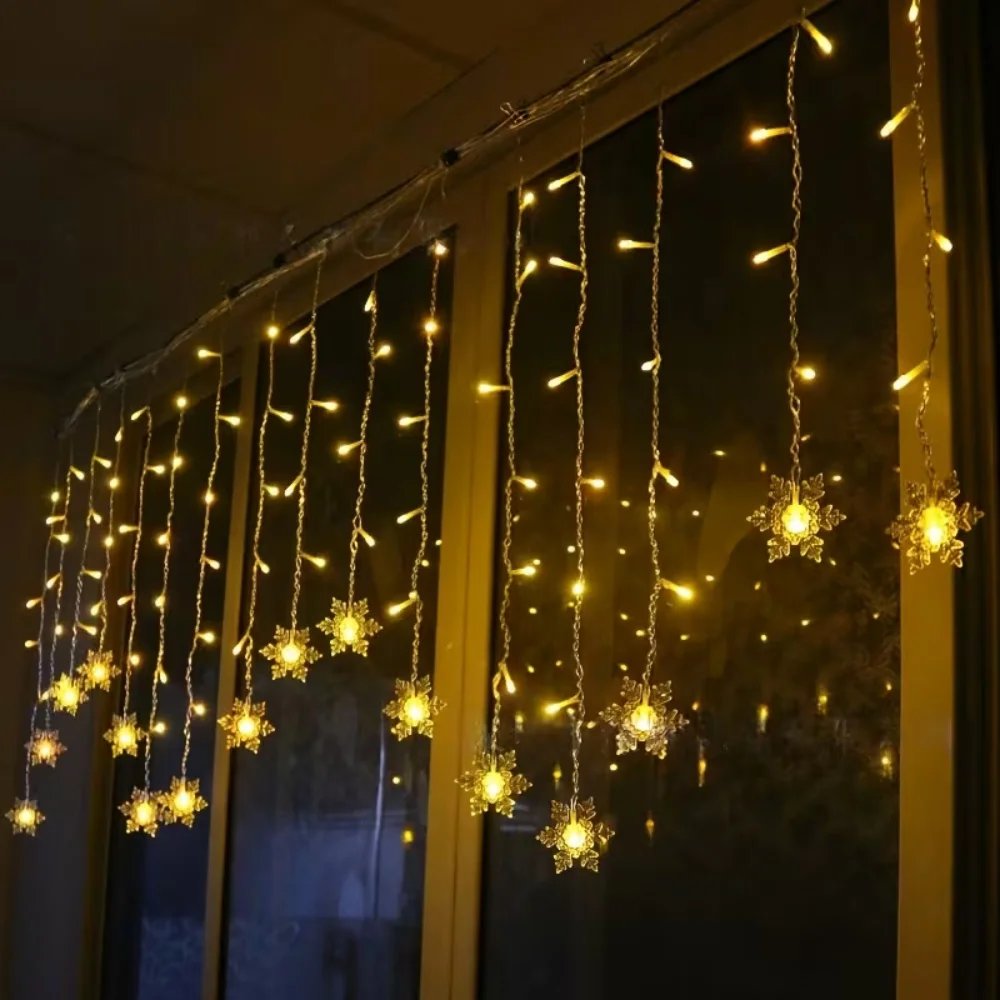 96LED Snowflake Curtain Lights Star String Lights Christmas Window Hanging Decoration for Bedroom Living Room Garden Patio Decor