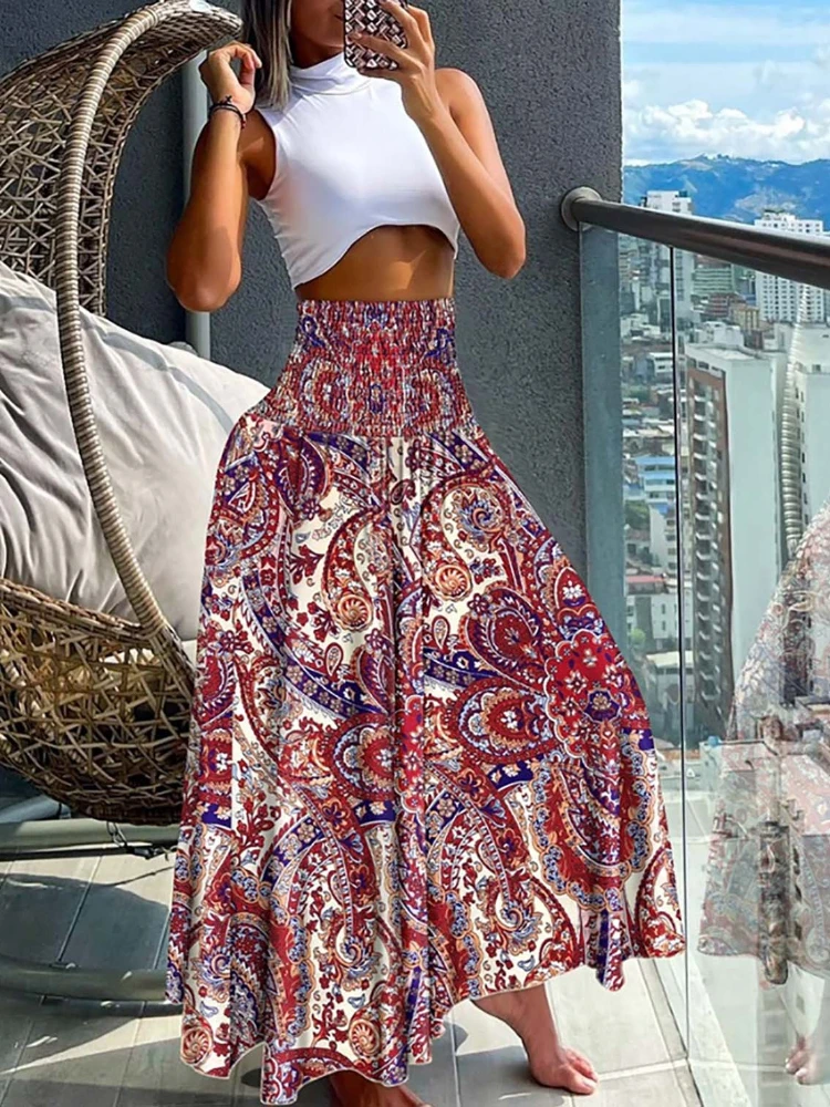 Leosoxs Women Fashion Bandanna Paisley Big Swing High Waist Maxi Skirt Streetwear 2024 Boho Vintage Casual Long Skirts