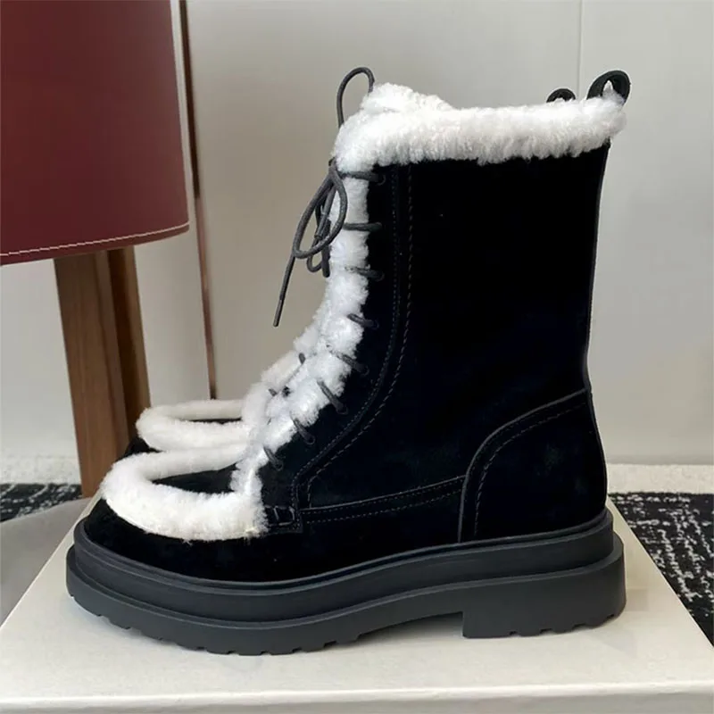 

Winter Short Boots Women Round Toe Lace Up Thick Sole Shoes Woman Cow Leather String Bead Wool Warm Flat Black Boots Woman