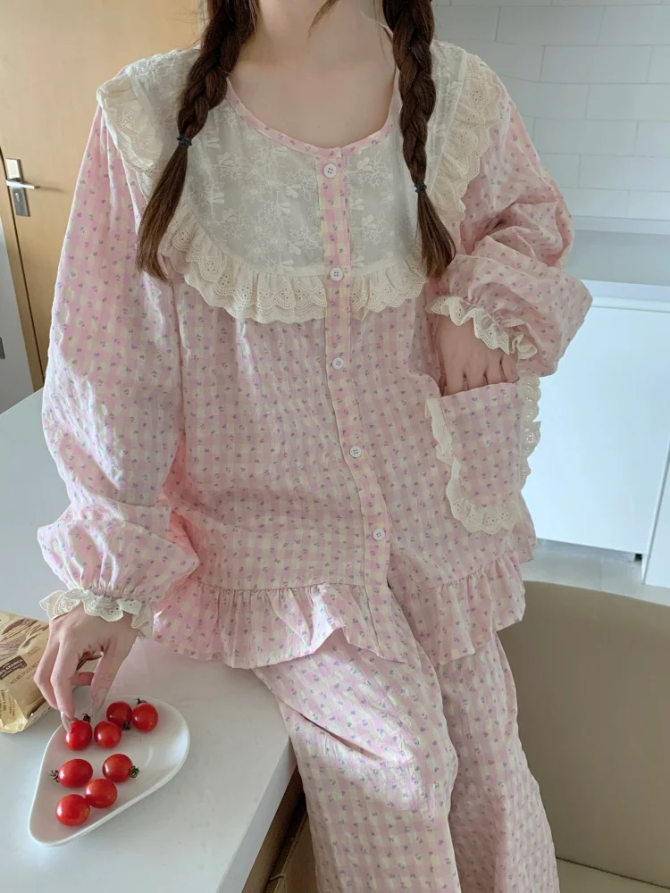

sweet floral plaid print autumn pajamas set women cotton lace blouse + trouser two piece home suit korean sleepwear loose soft