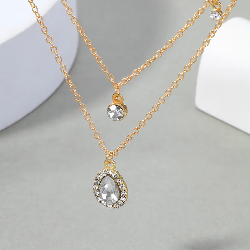 Double Chian Elegant Jewelry Tassel Drop Crystal Pendant Necklace Golden Color Unquie Women Fashion Necklace Wholesale N0338