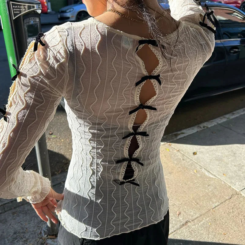 E-girl القوس تقليم قطع المحاصيل القمم الكورية Kawaii سليم صالح تي شيرت Coquette شير انظر من خلال البلوزات تيز سايبر الجرونج الملابس #2