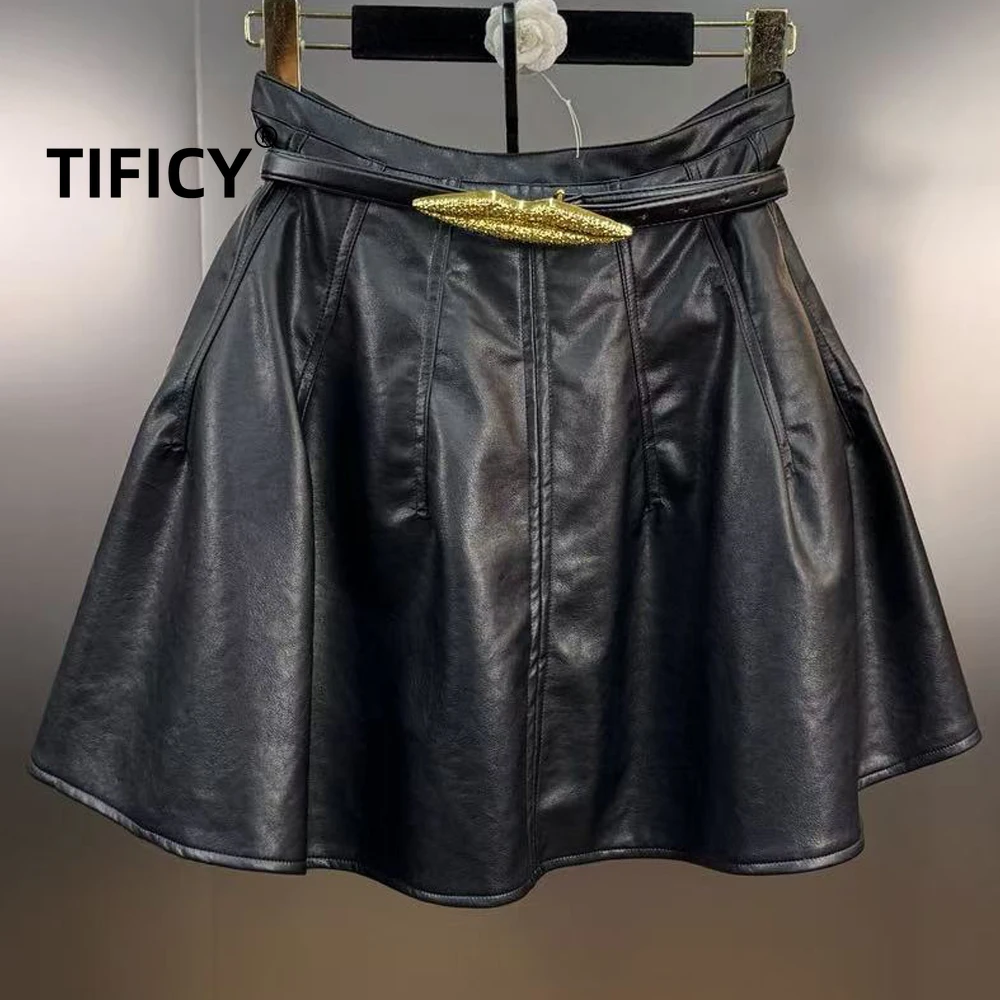 

High Street Metal Big Lip Skirts Women's Waist Cinching Commuting Temperament Short Half PU Leather Skirts with Belt