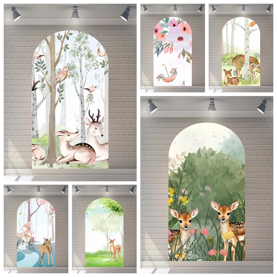 

Фон для вечеринки с изображением оленя в джунглях, цветы, кролик, детские украшения на день рождения, фоны для детского душа, реквизит для студии