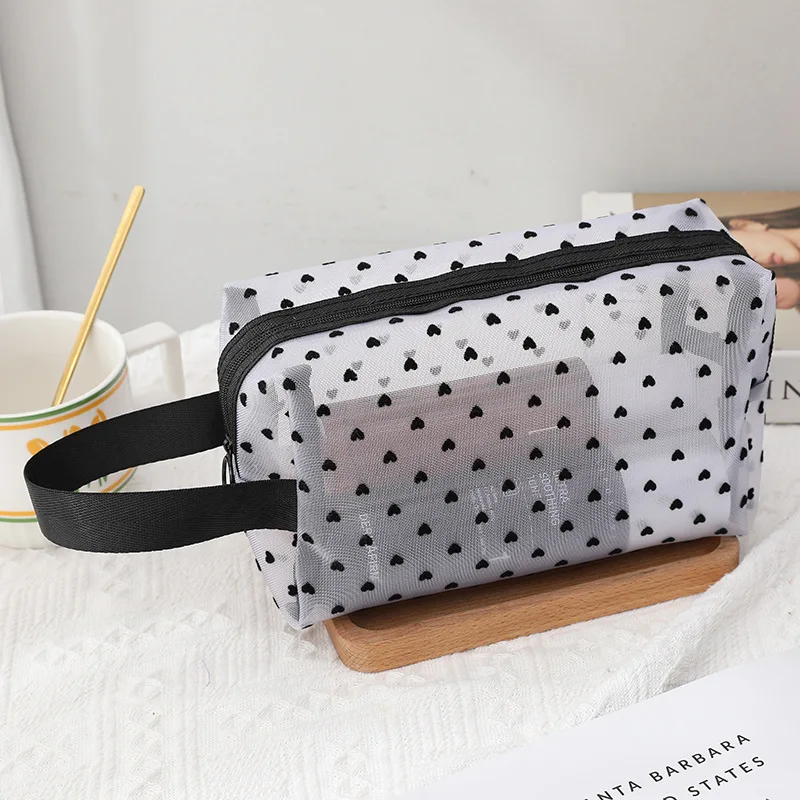 New Transparent Heart Mesh Makeup Bag Portable Nylon Women Make Up Tool Storage Pouch Travel Organizer Cosmetic Clear Zipper Bag