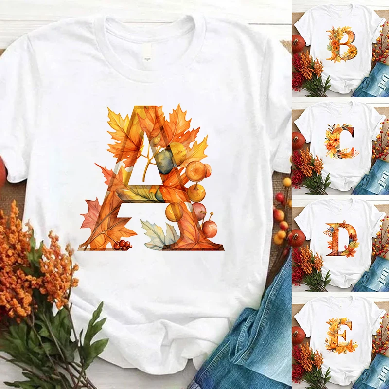 New 26 Alphabet Fallen Leaves T-Shirt Women Fashion Short Sleeve Casual Summer Unisex Tops Tees