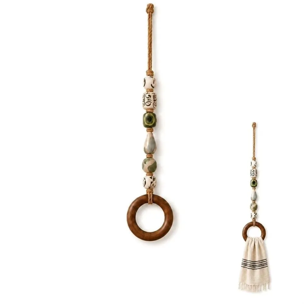 Wooden Ring Beaded Towel Hanger Loop Hanging Strap Colorful Beads Hanging Towel Strap Bathroom Accessories Decorative Style