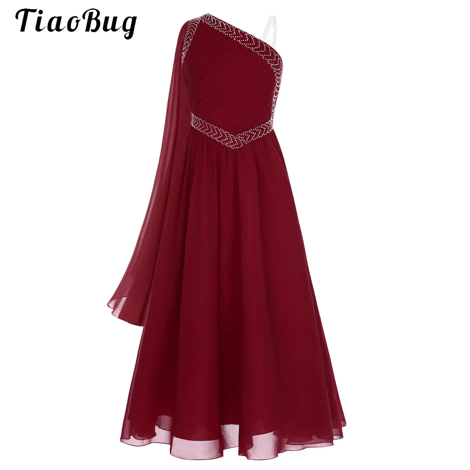 

Chiffon Flowy Dresses Kids Flower Girls Asymmetrical One Shoulder with Tulle Drape Sleveless Party Maxi Gowns A-Line Long Dress