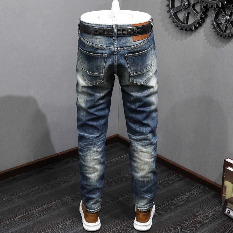 Italian Style Fashion Men Jeans High Quality Retro Washed Blue Stretch Slim Fit Ripped Jeans Men Vintage Designer Denim Pants
