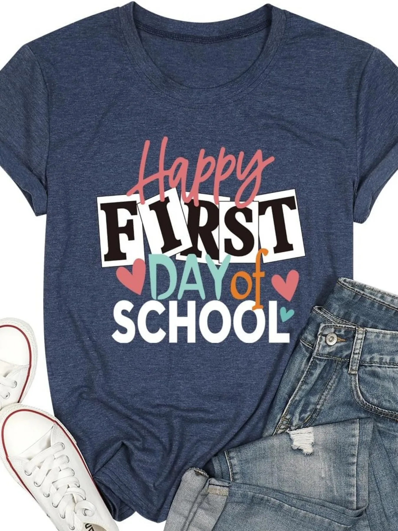 Camiseta de manga corta para mujer de talla grande, Happy First Day Of School, estilo cómodo y versátil para el día a día, conjunto de verano para mujer