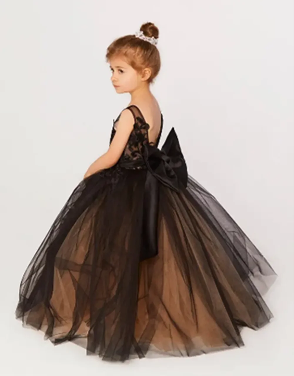 Vestidos de niña de flores con cuello en V doble y lazo, vestido de princesa de tul con encaje para niños pequeños, vestido de fiesta de boda con tren de cepillo para niños