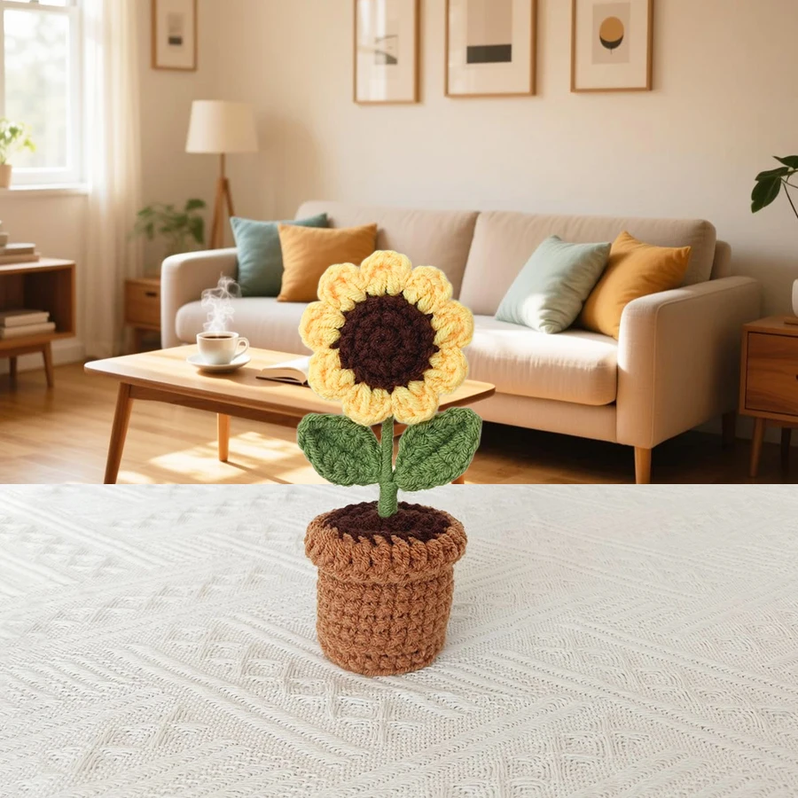Warm and Cozy Small Ornaments, Hand-Crocheted Sunflower Potted Plants for Windowsills, Desktops, Bedrooms, Living Rooms, Study Rooms, Decorations, Birthday and Valentine's Day Gifts