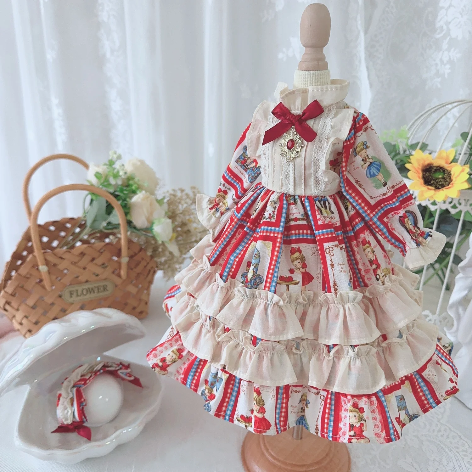 BJD Doll clothes Suitable for 1/3 1/4 1/6 size red bow court style long-sleeved dress doll accessories