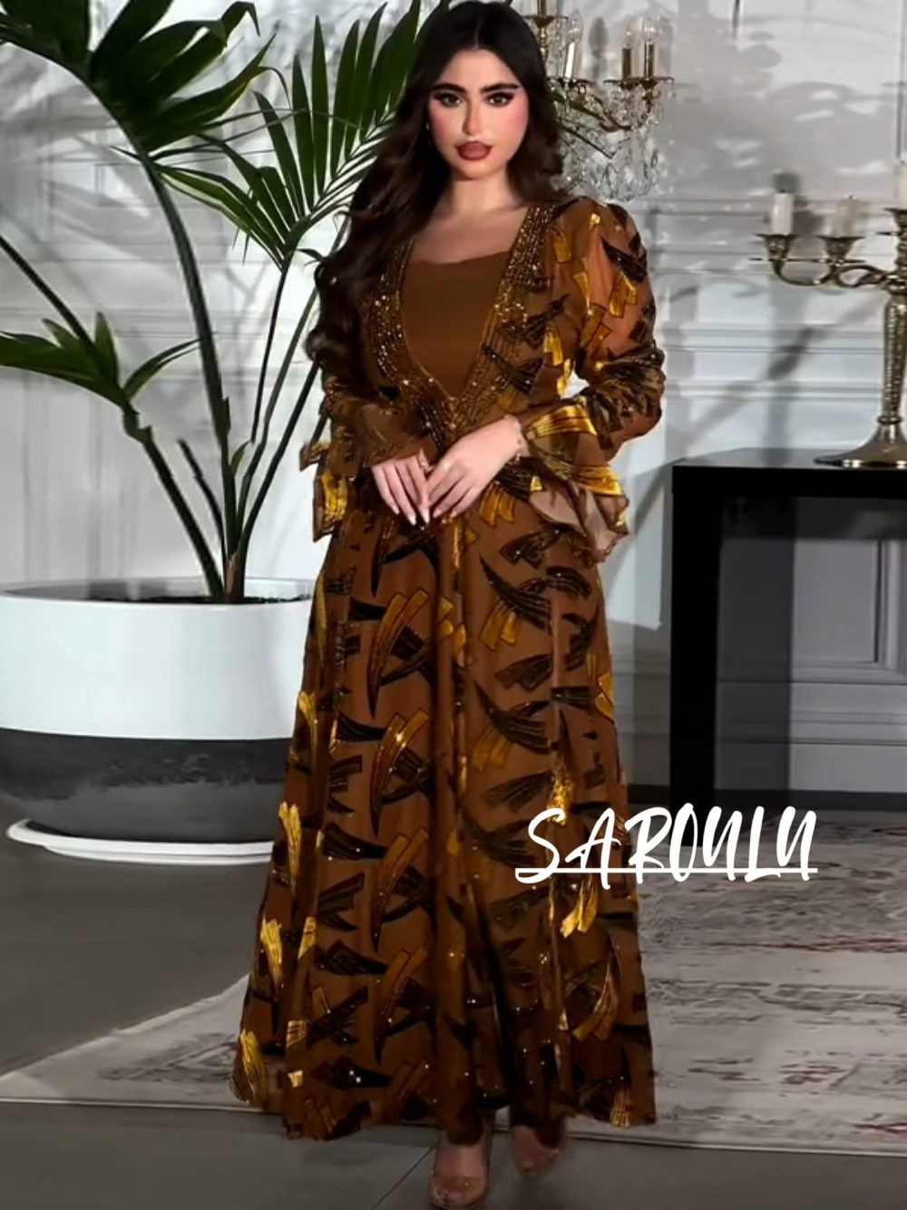 

Elegant Brown Golden Print Abaya Two Pieces Set Lightweight Muslim Kaftan Daily Wear Modest A Line Evening Dress In Stock