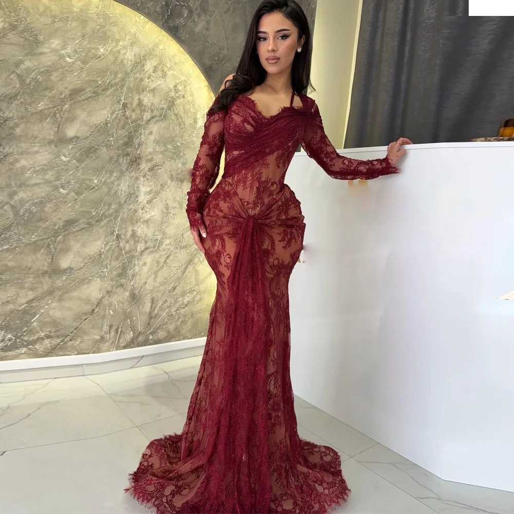 Maßgeschneidertes Illusions-Spitzen-Meerjungfrauenkleid 2026 mit Herzausschnitt und langen Ärmeln, figurbetontes Geburtstagskleid, glänzendes Brautkleid