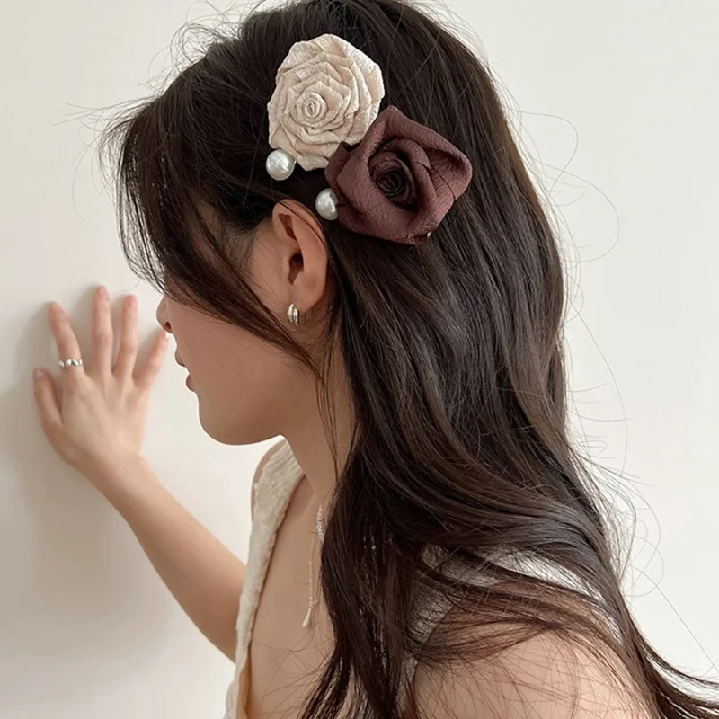 1-2pcs Korean Rose Flowers Small Grab Clip Premium Sense Back Head Hair Grab Half Tie Hair Clip Headwear Hair Accessories