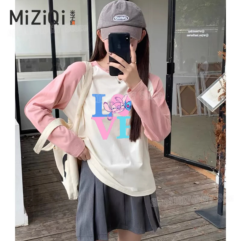 Cartoon Disney stitch women's base shirt cute round neck loose long sleeved top sweet pullover hoodie spring autumn clothing