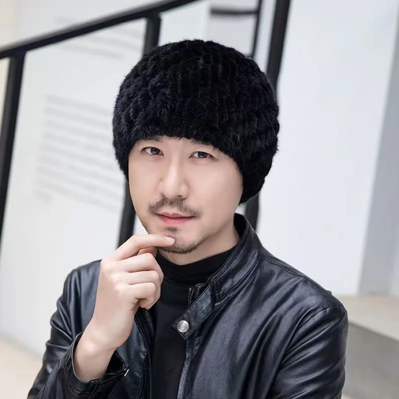 Winter Men Mink Fur Hats Natural Real Fur Knitted Cap Fashionable Fluffy Grandfather Genuine Fur Beanie Female Black Fur Caps