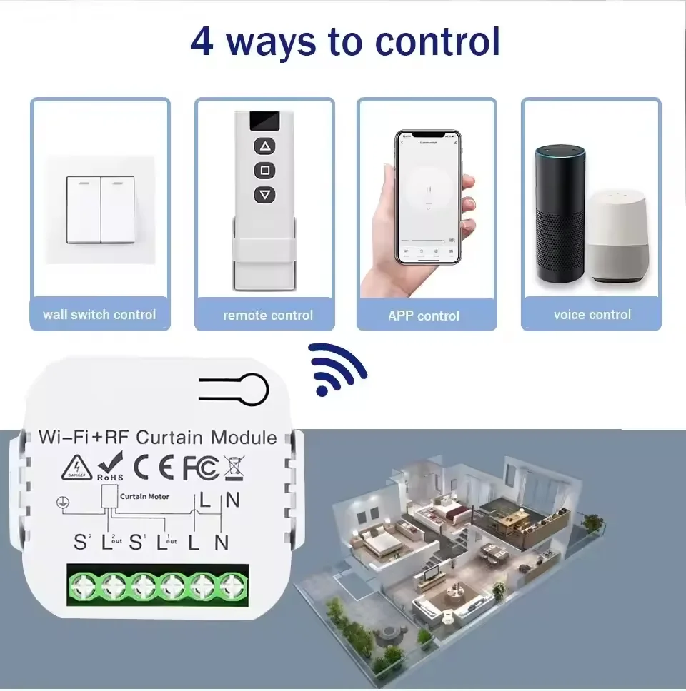 WiFi Smart Switch + 433MHz RF Remote | Tuya Smart Life | Alexa/Google Voice Control for Roller Blinds Shutters Projector Screens