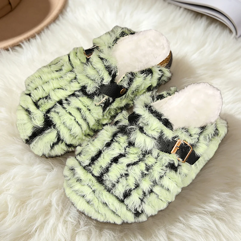 Luxury Brand Winter Fur Clogs For Men Women Slippers Mules Cork Footbed Home with Arch Support Leather Outdoor Half Shoes Slides