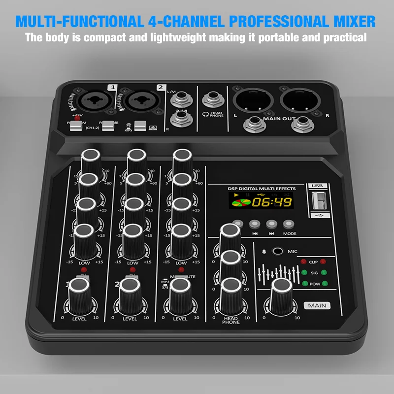 Console de mixage 4 canaux, mixeur audio Bluetooth, 48V, professionnel, USB, ordinateur, karaoké