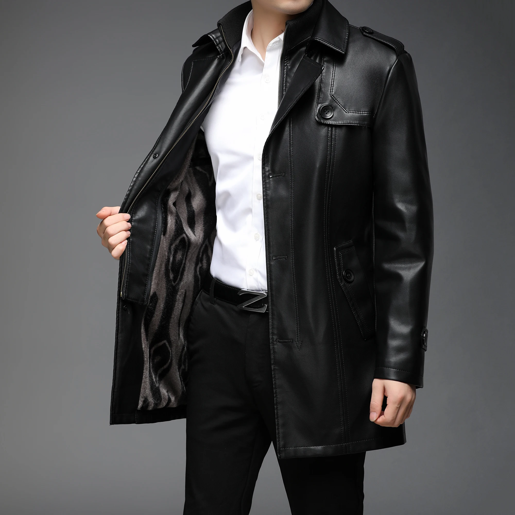 2023 winter high quality trench coat men,men's Slim Fit Faux leather jackets,mens thicken warm Long coat size S-6XL