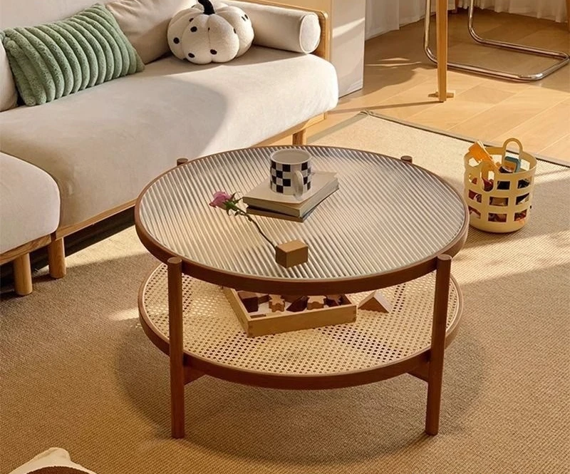 

Living room coffee table round Changhong solid wood household glass small apartment