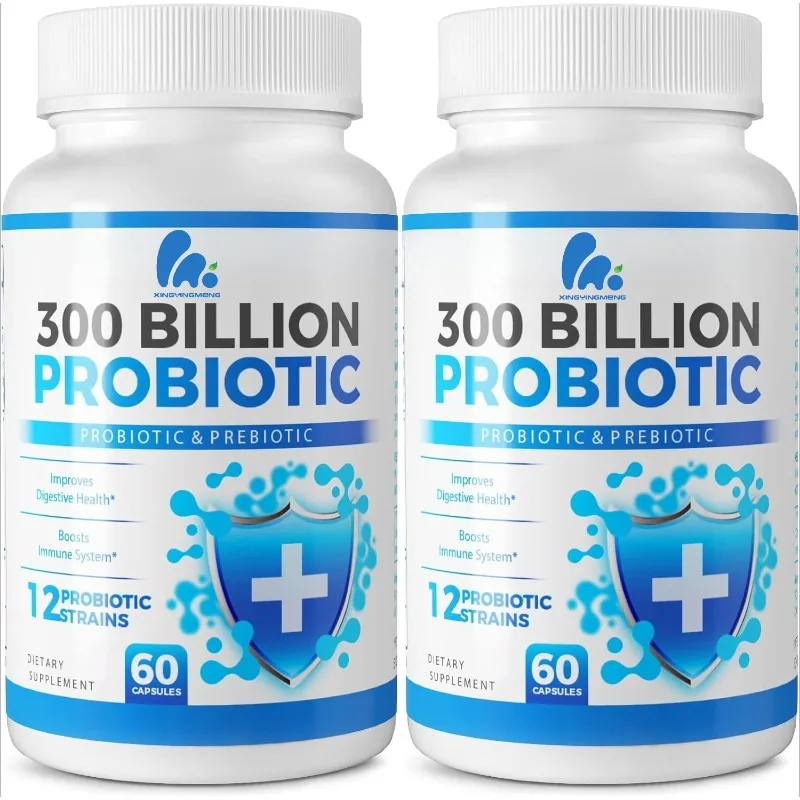 Probióticos Cápsulas de 300 mil millones de CFU que contienen 12 cepas de prebióticos para digestión y salud intestinal, inmune, hinchazón.