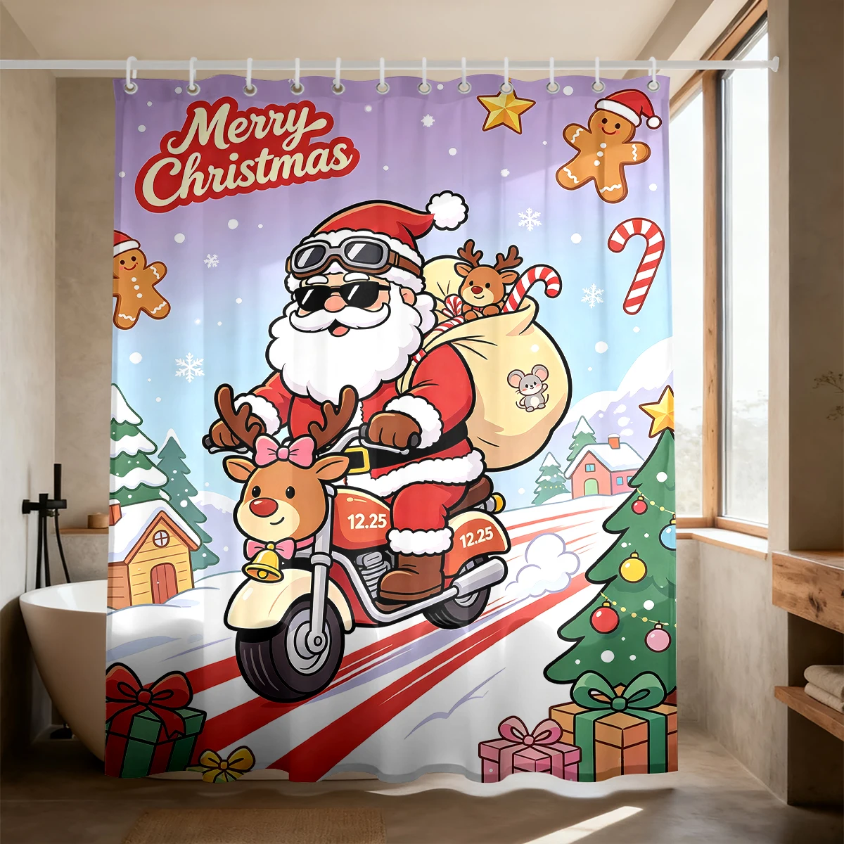 90G Waterproof Shower Curtain Santa Claus Motorcycle Cartoon Print Soft Bath Curtain