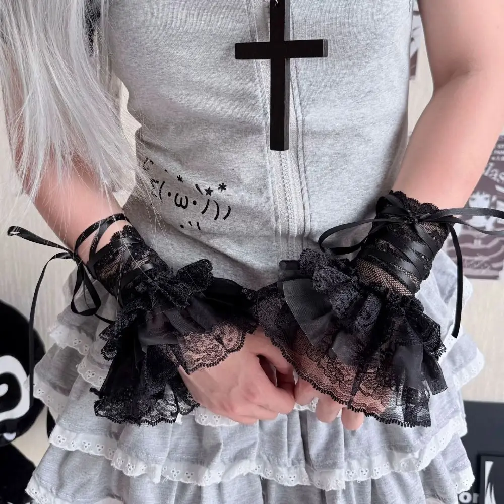 Ruffled Lace Women's Fingerless Gloves Ribbon Tie Floral Pattern Wrist Cuffs Elastic Band Lolita Style Mittens Cosplay Use