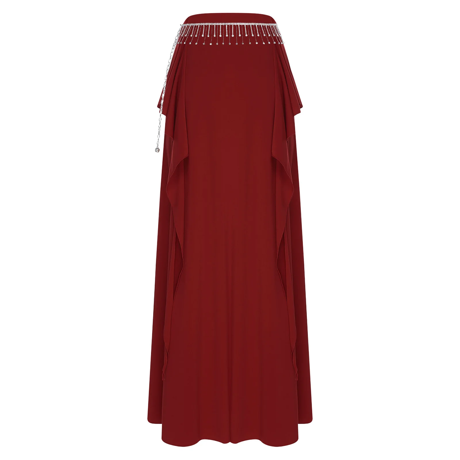 Gonna lunga da danza del ventre da donna con frange di strass, catena in vita, volant a cascata, gonna con spacco laterale per danza orientale, abbigliamento da ballo popolare