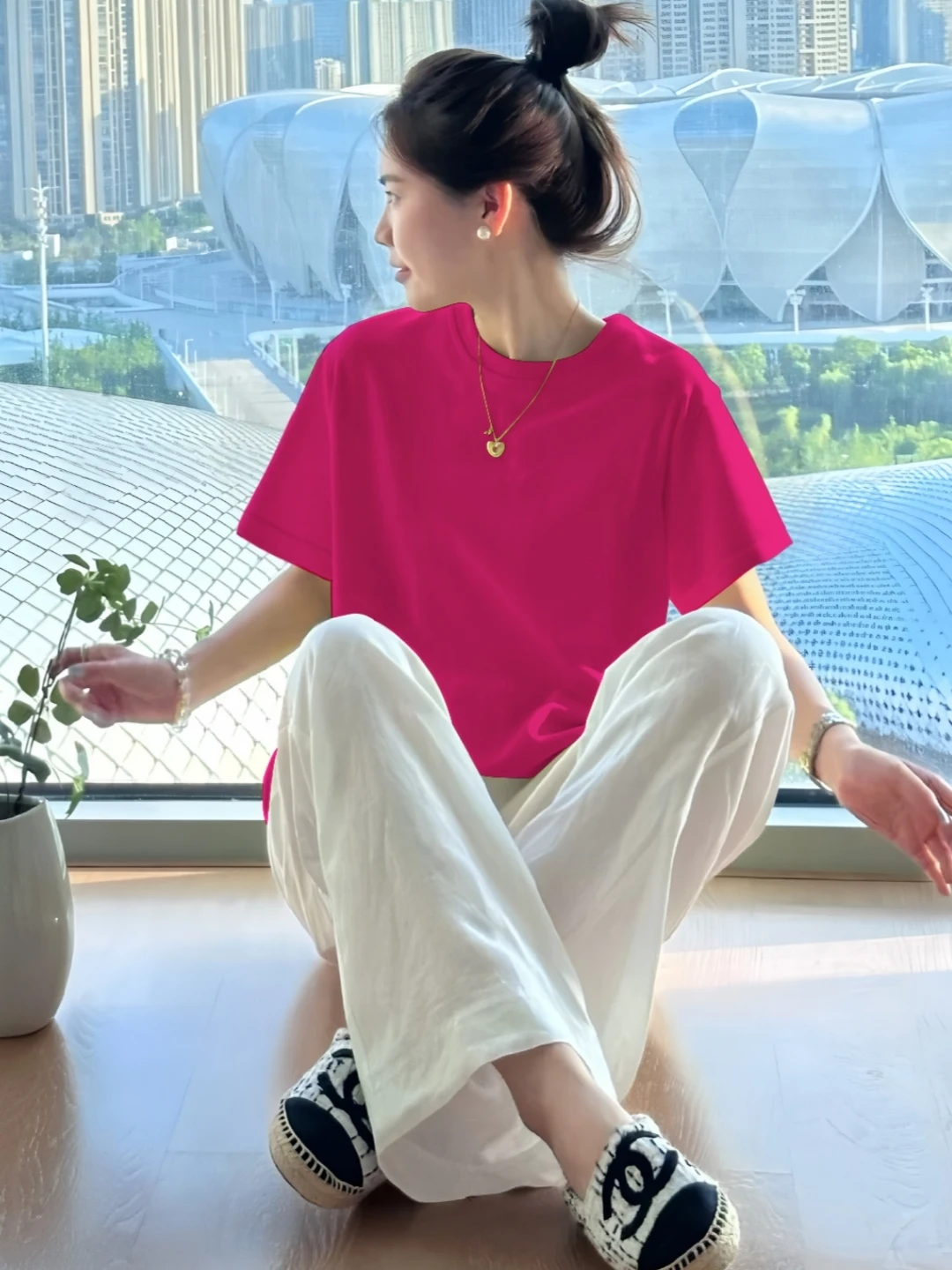 Loose Fit round Neck Short Sleeve Women's T-Shirt Korean Style Cotton Summer Casual Wear Pink Color Meat Concealing Top