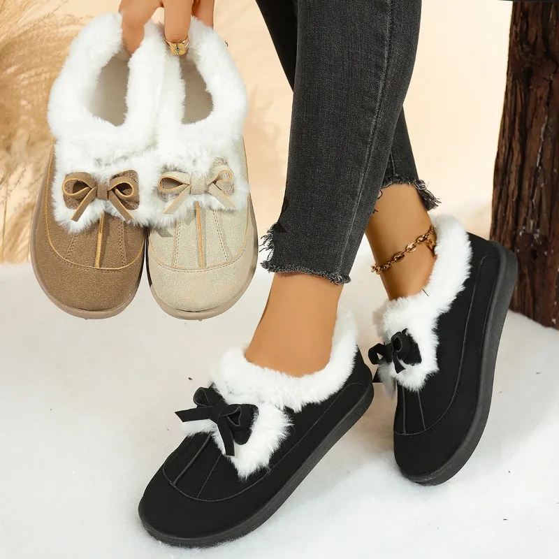 

Warm Short Boots Plush Suede Casual Shoes Women Winter Sweet Bowknot Furry Non Slip Snow Boots Fluffy Fur Woman's Ankle Boots