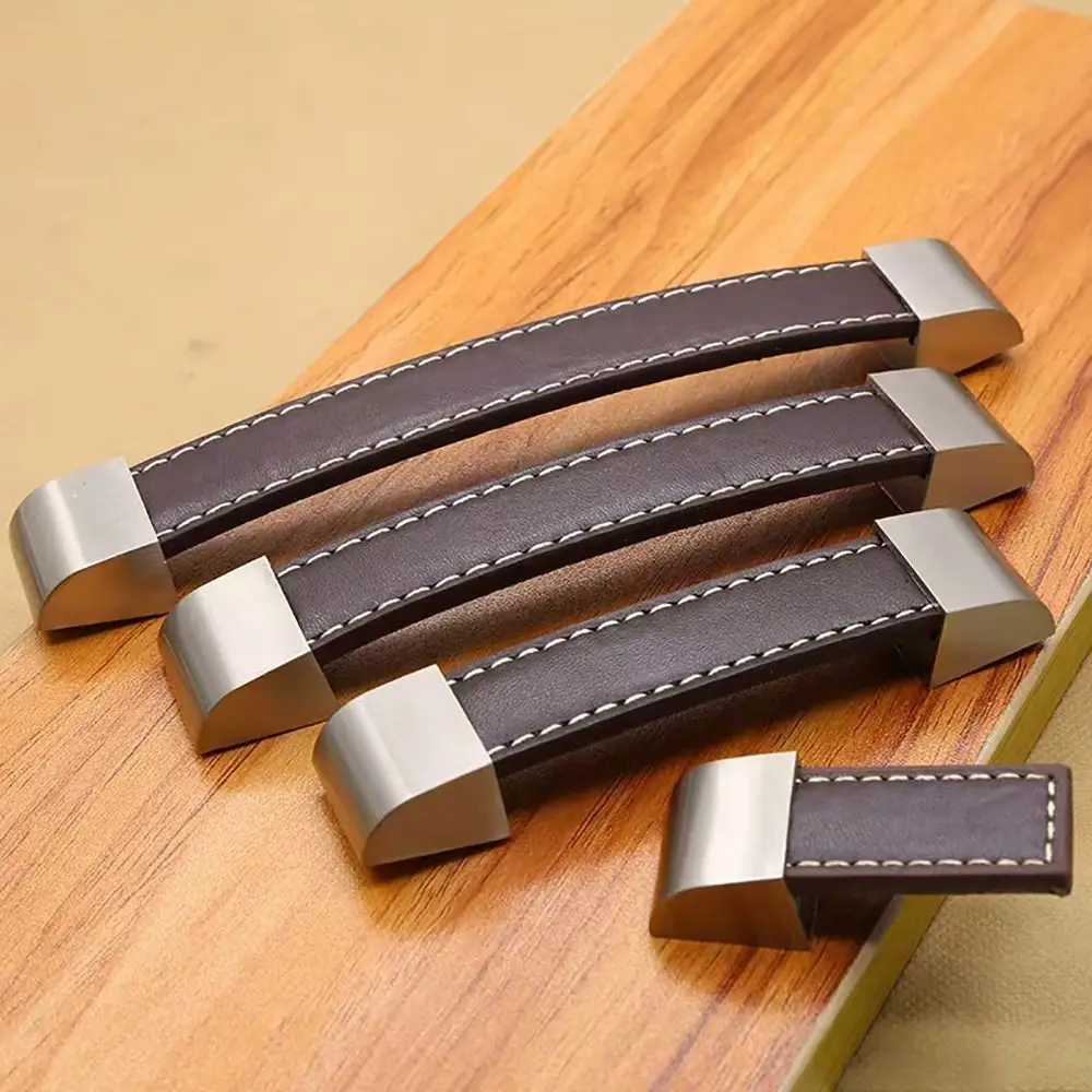 1Pcs Brown Soft Leather Leather Cabinet Handle Single Hole Zinc Alloy Drawer Pull 96/128/160/192mm Pitch Furniture Hardware