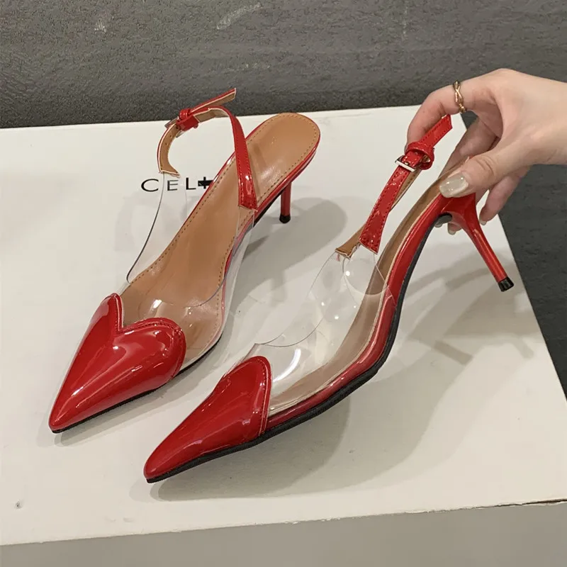 Star style Fashion Heart Shaped Women Pumps Elegant Pointed toe Transparent PVC Slingbacks Stiletto High heels Party Dress Shoes