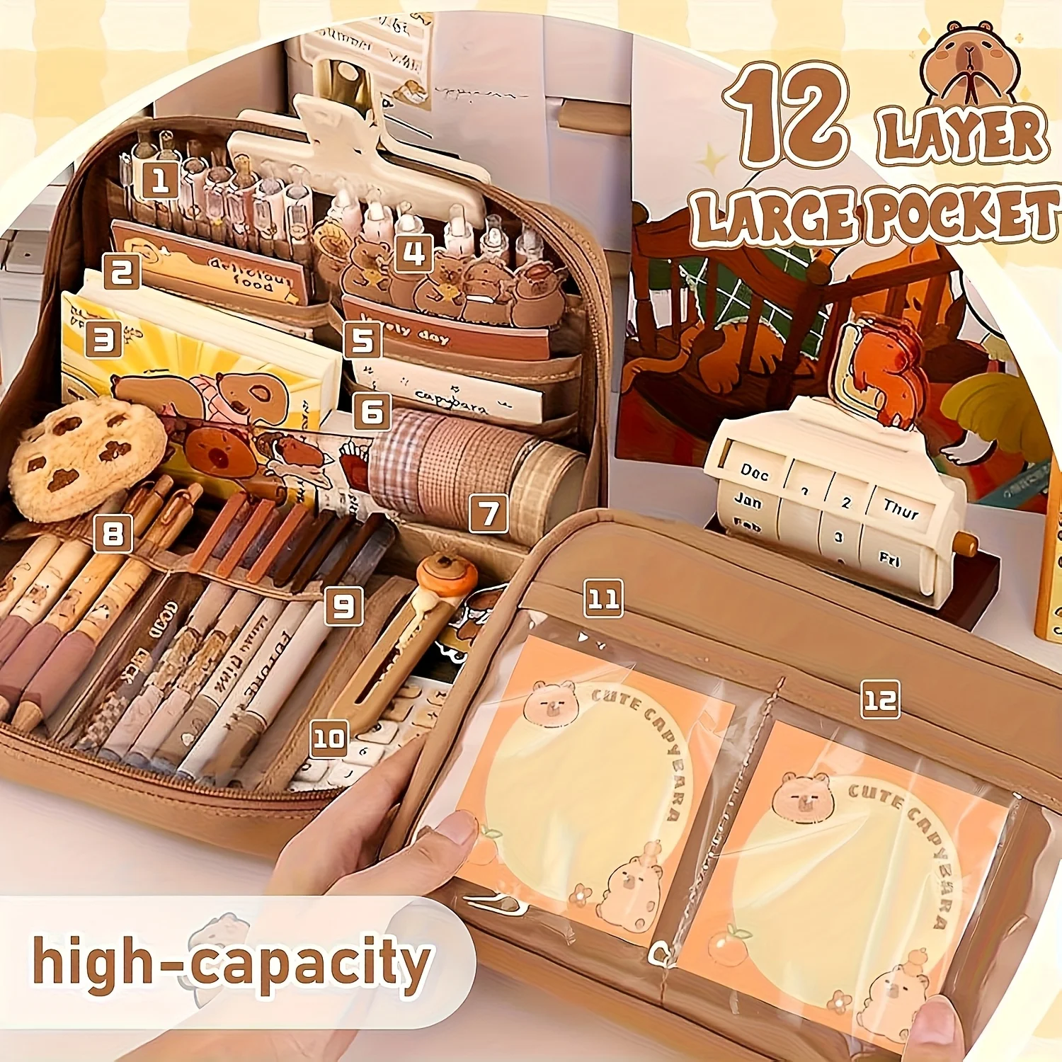12pcs Cute Capybara Stationery Gift Set | Multi-Layer Storage Pencil Case, Student Pen Box with Capybara Stickers Back-to-Schoo