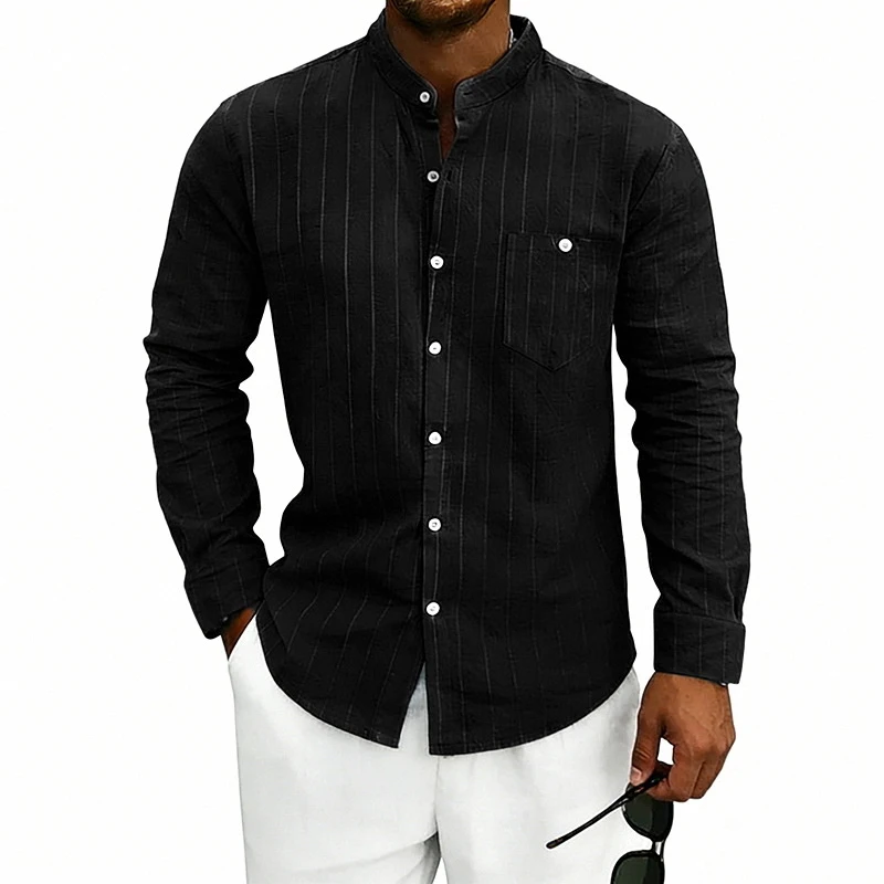 Men American Linen Jacquard Striped Stand Collar Long Sleeve Shirt, Loose Pocket Casual Shirts For Daily Commute Outdoor EU US