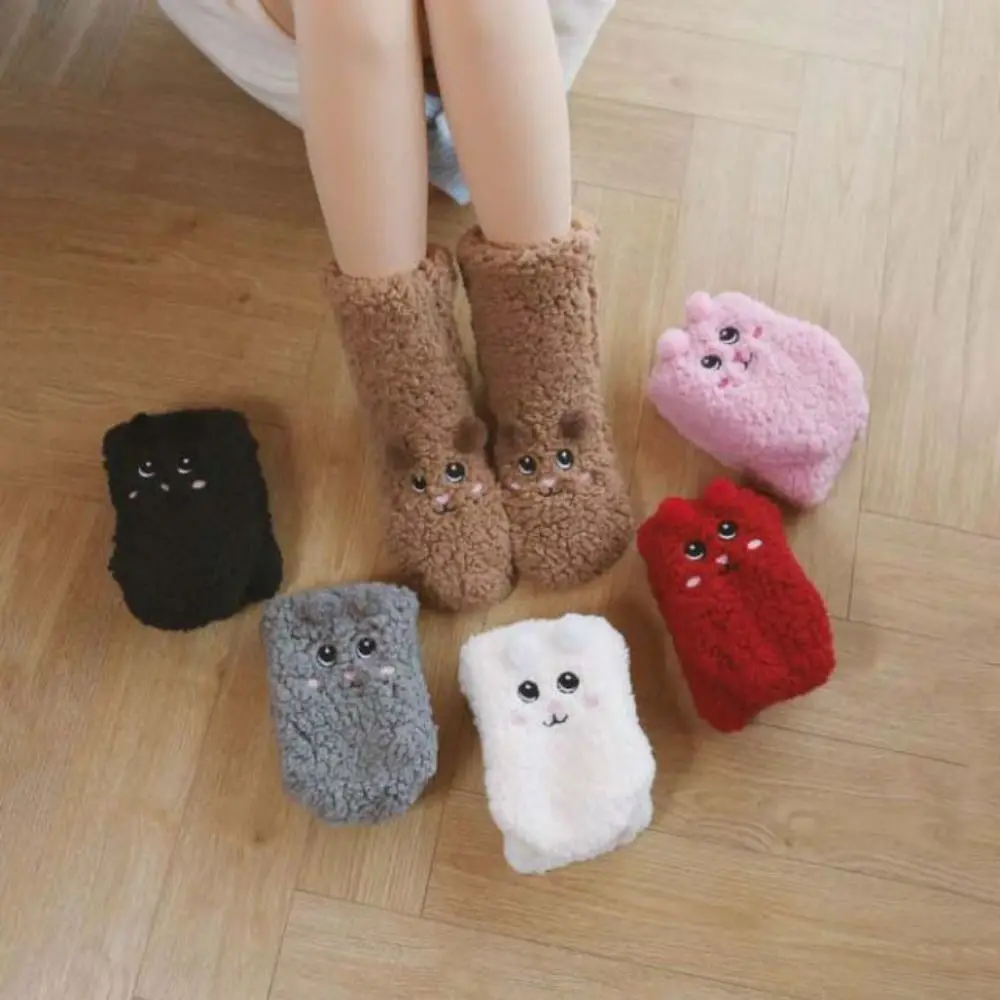 

Kawaii Embroidery Thick Thermal Socks Plush Cartoon Sleeping Socks Anti Slip Mid Tube Floor Socks Winter
