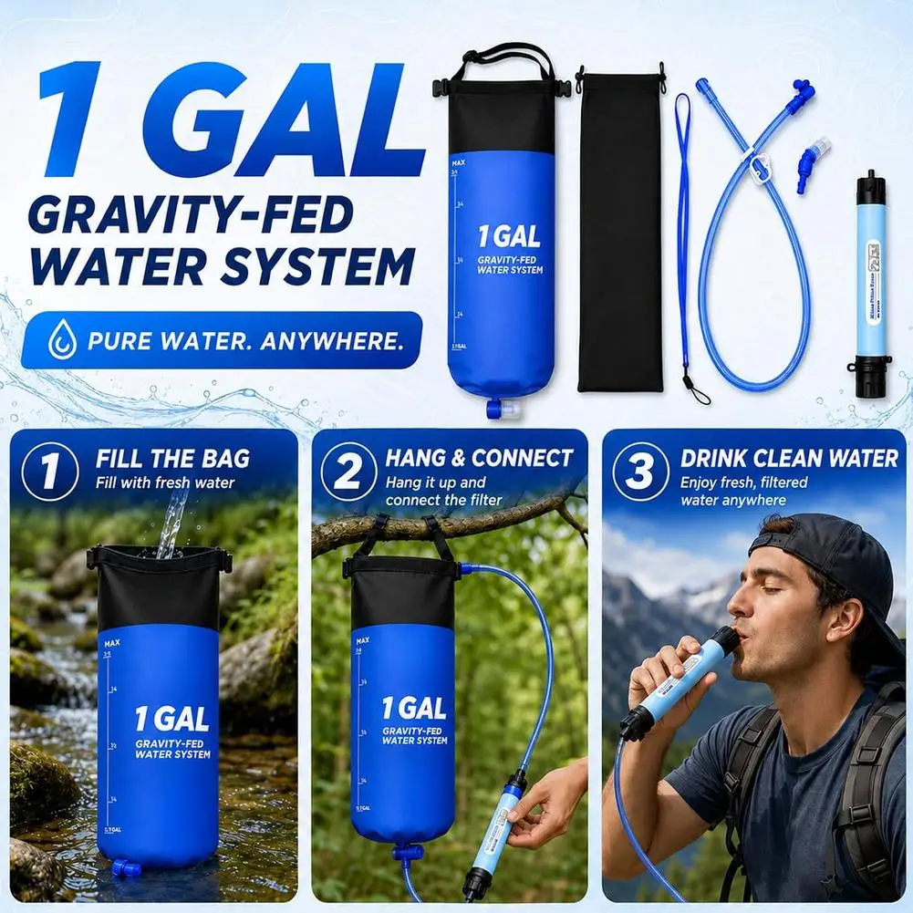 1Gallon Drinking Water Bag TPU Filter Gravity Foldable Waterbag UF Replaceable Filters Bucket Bag Hiking Camping Tools
