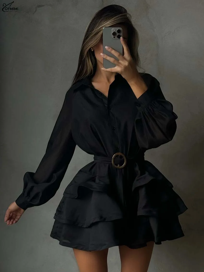 

Oymimi Elegant Black Lapel Womens Dresses Casual Long Sleeve Single Breasted Loose Dresses Fashion Cascading Ruffled Mini Dress